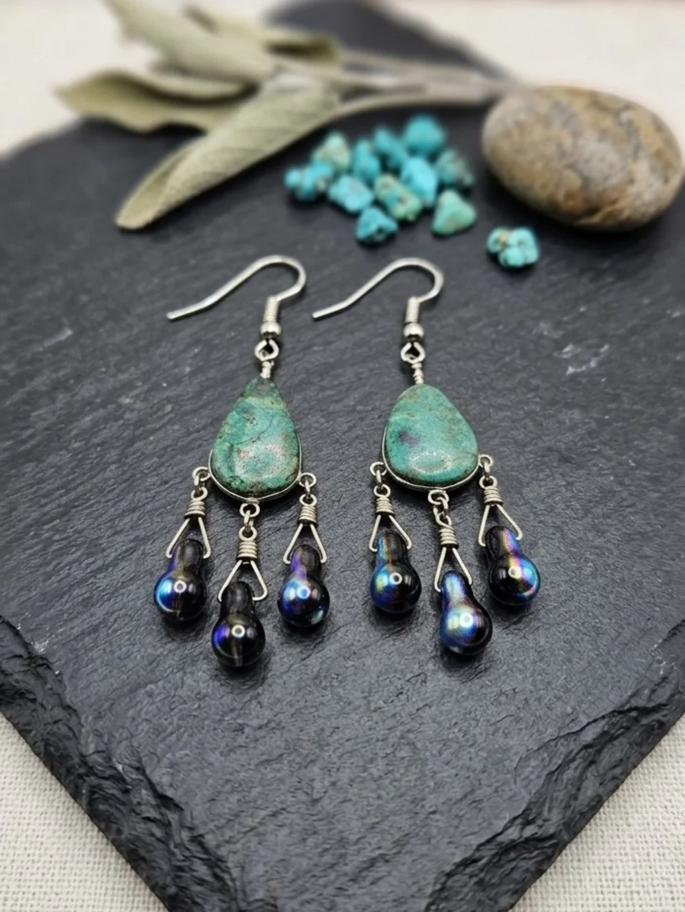 Vintage Turquoise Teardrop Dangle Earrings with Iridescent Black Beads